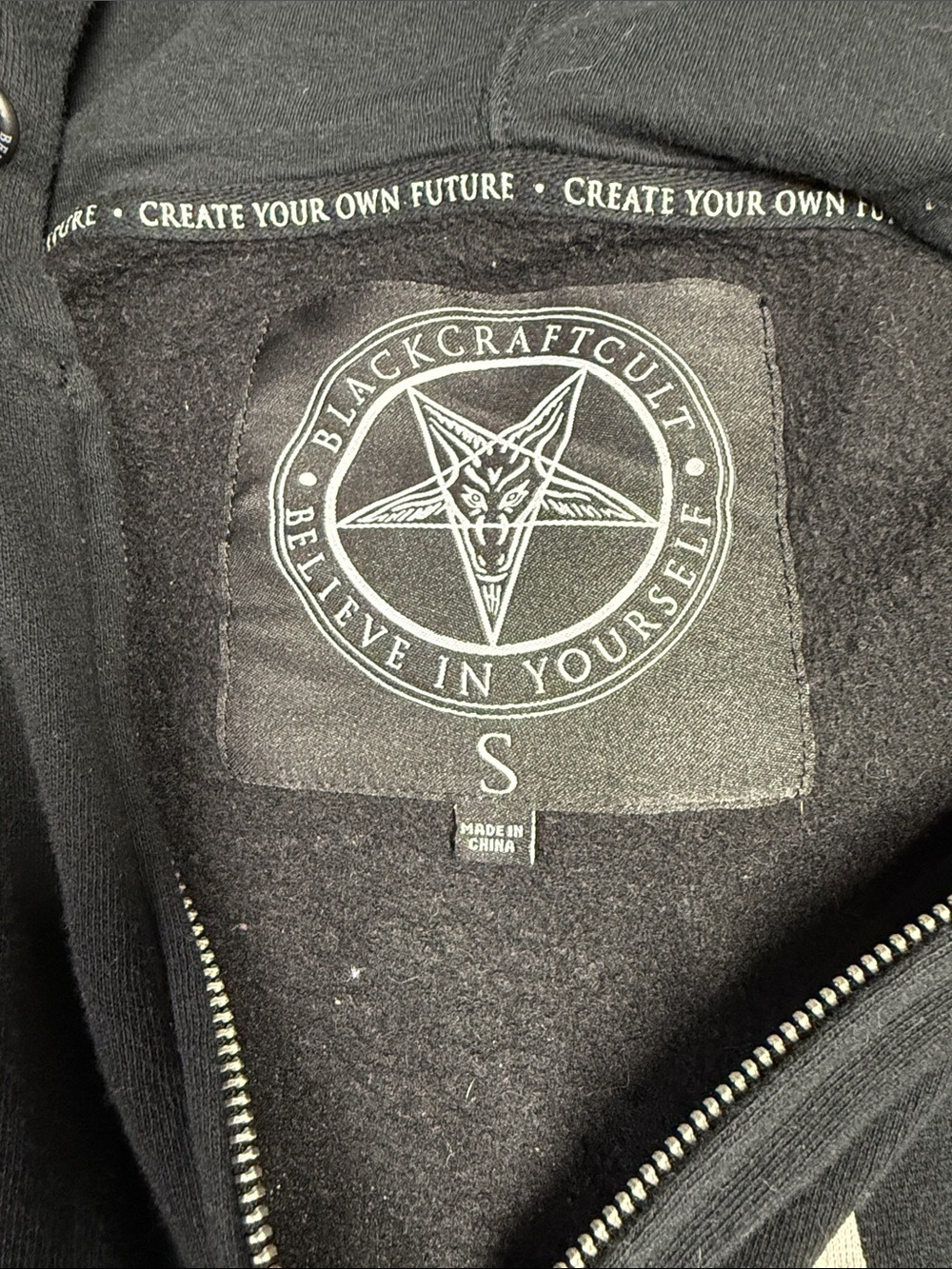 Black Cult Zip-Front Hoodie with Crescent Graphic - Picture 2 of 5